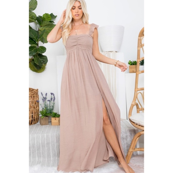 Dresses & Skirts - Sand Ruffle Sleeve Solid Smocked Long Full Length Relaxed Fit Maxi Casual Dress